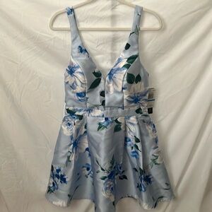 Sequin Hearts: Blue/White Flower Dress- Open Back with zipper back- tulle hem- 9